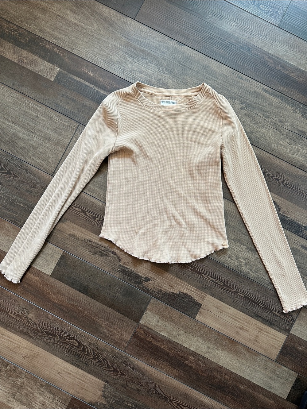 Free People Beige Ribbed Lettuce-Hem Long Sleeve Top
